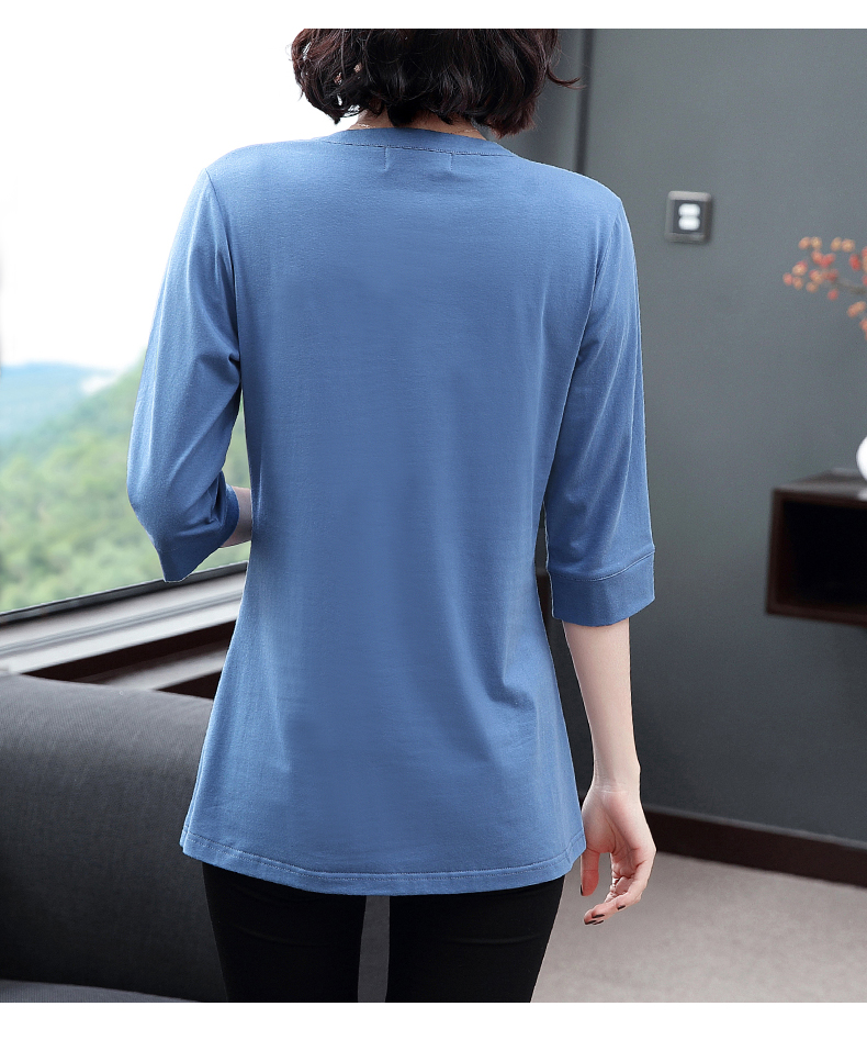 芳妮诗春装七分袖t恤女上衣2020早春新款纯棉体恤衫宽松休闲衣服纯色v