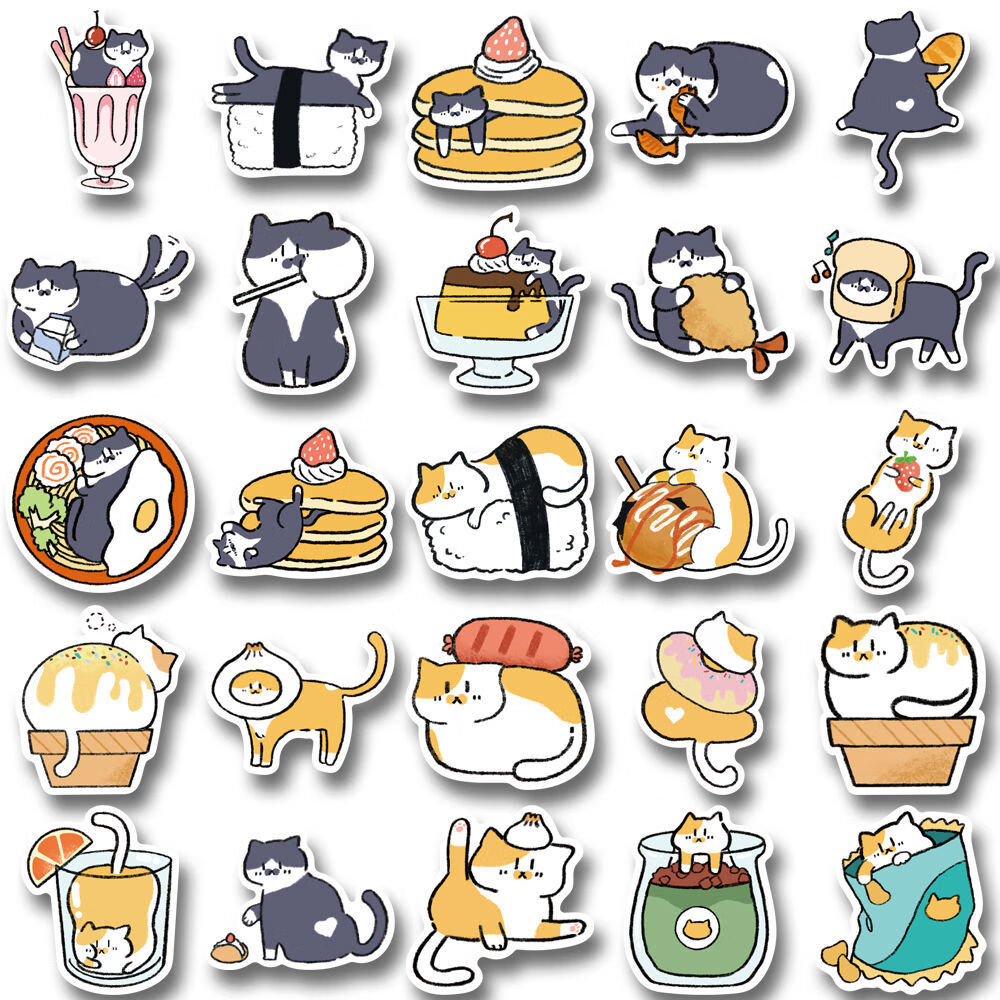 【原创】日系猫猫泡芙日常卡通贴纸可爱手账贴手机壳装饰防水贴画