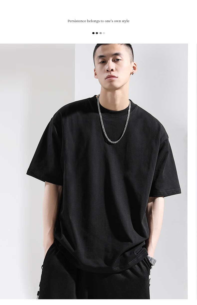 凡迪时尚重磅220克纯棉落肩短袖t恤男黑色宽松圆领打底衫运动半袖大码