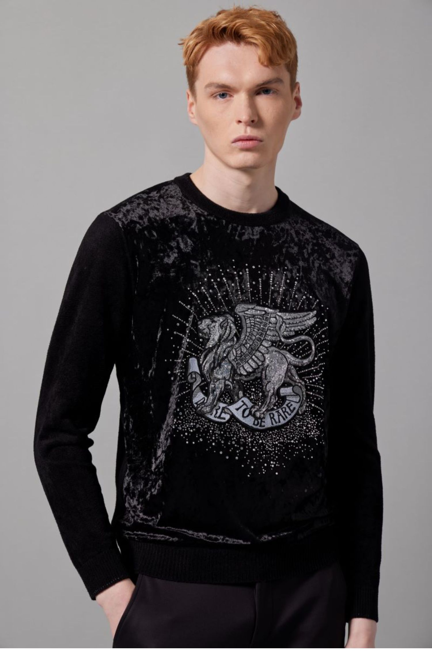 意大利rare威雅奢侈品 男装男士黑色绣花烫钻丝绒拼接长袖毛衫毛衣