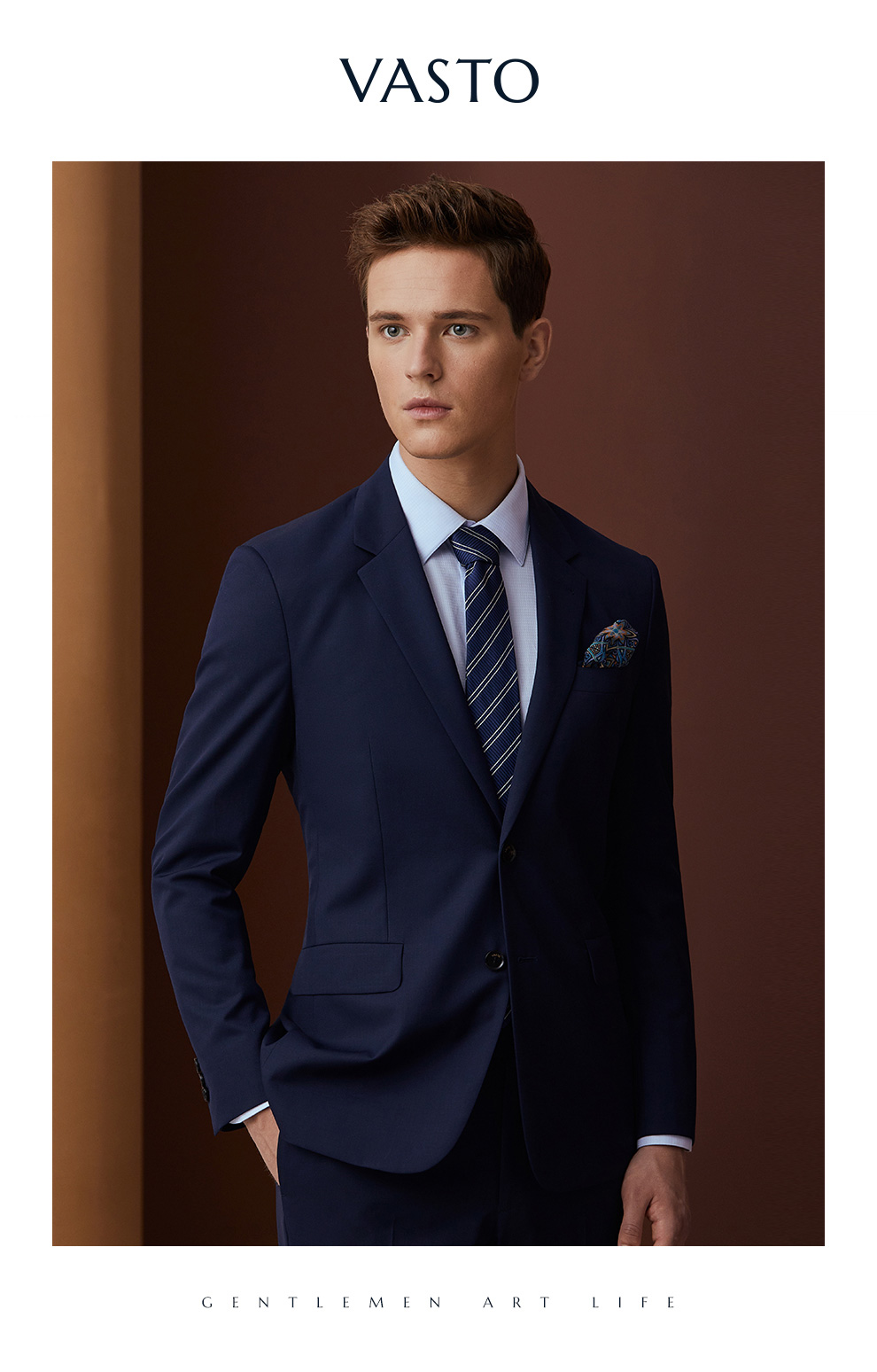 vasto华斯度商务羊毛西装上衣深蓝色男士修身正装西服深蓝色46b