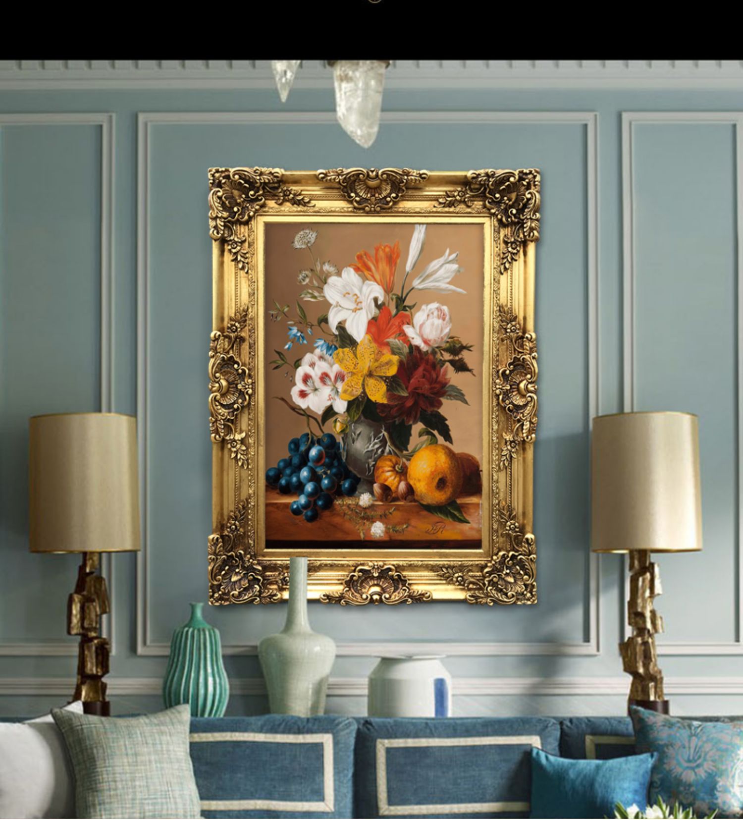 世界名画饭厅油画欧式静物百合玫瑰水果花卉客餐厅装饰画玄关挂画qm