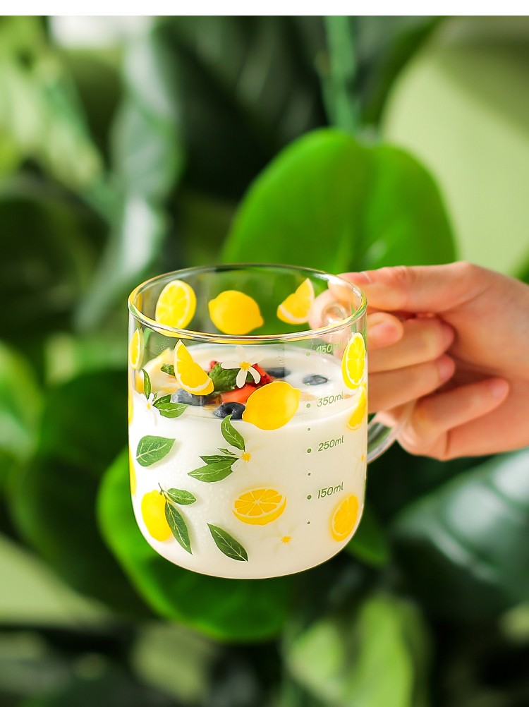 蓼风轩玻璃杯女可爱夏天ins风高颜值水杯家用早餐杯刻度牛奶杯子 草莓