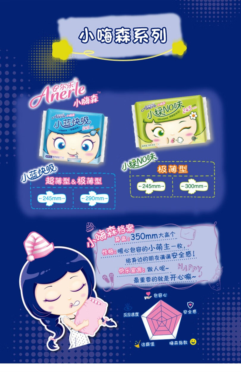 安尔乐卫生巾小嗨森小白晚安超薄棉柔夜用姨妈巾350mm4片20片40片小白