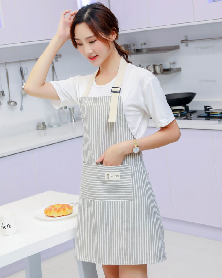 可爱日系系带可调家用厨房防污半身围腰布艺时尚透气条纹棉麻围裙