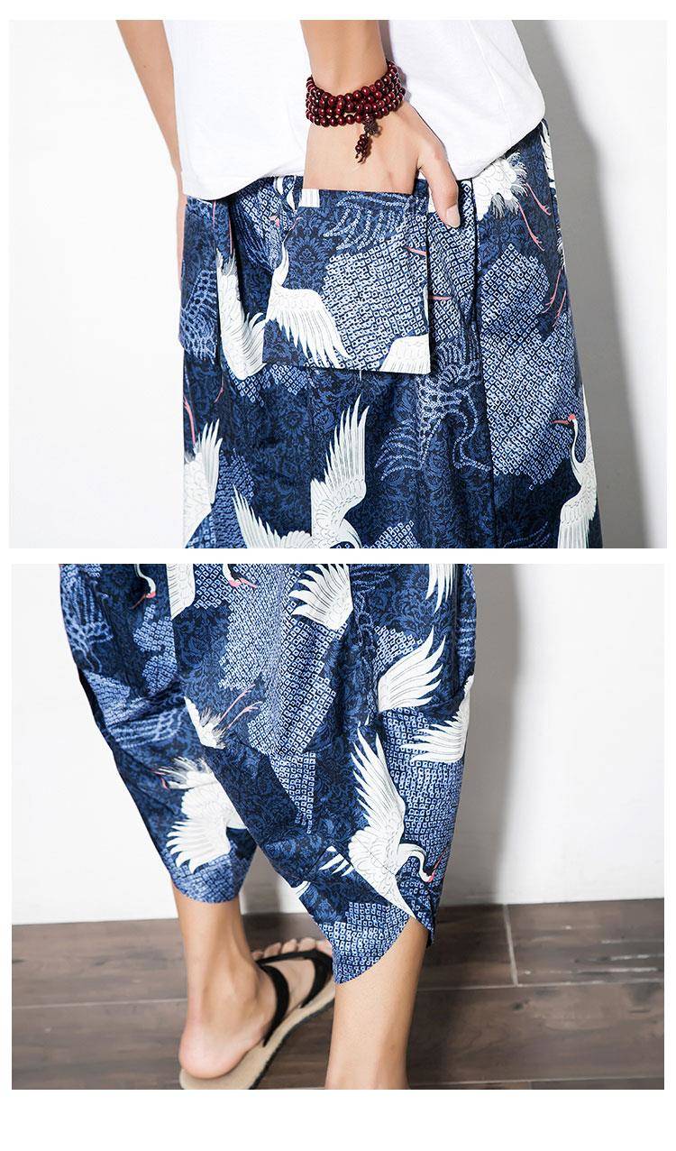 138中国风男丝绸缎宽松花短裤仙鹤大码沙滩裤泰国灯笼裤休闲七分裤夏