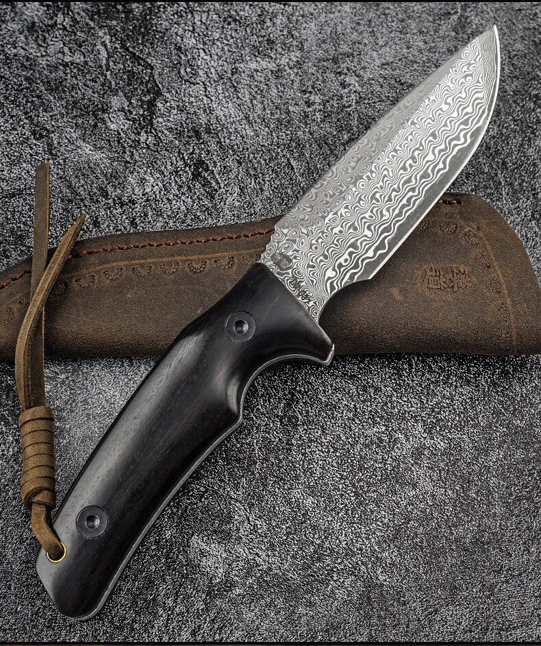 汉道大马士革户外刀具野外露营随身野营高硬度小刀洛克x黑檀木