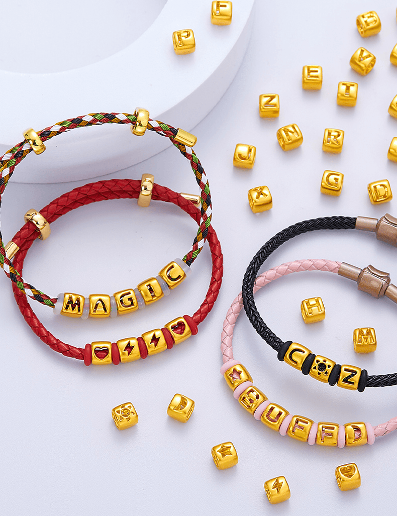 老凤凰 【现货七夕礼物】 字母转运珠爱心情侣手链男女名字黄金手链