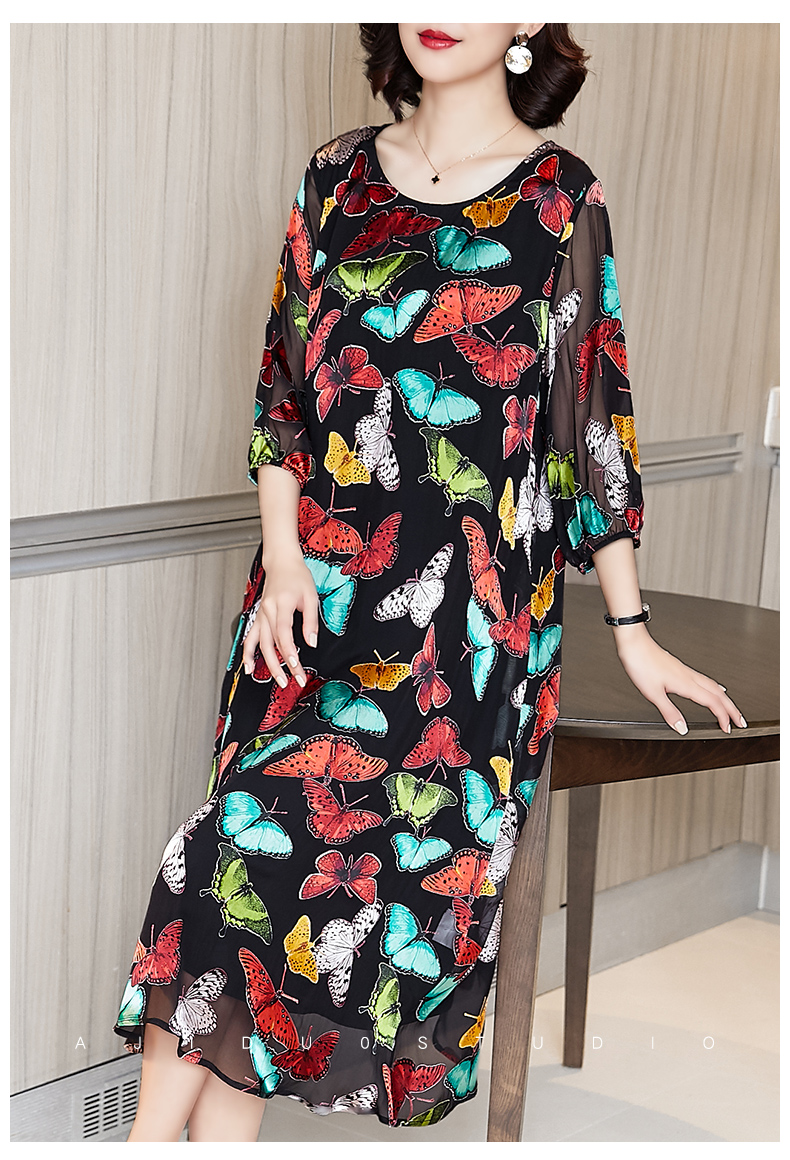 品牌春装桑蚕丝连衣裙女2020早春新款印花高端贵夫人真丝香云纱裙子