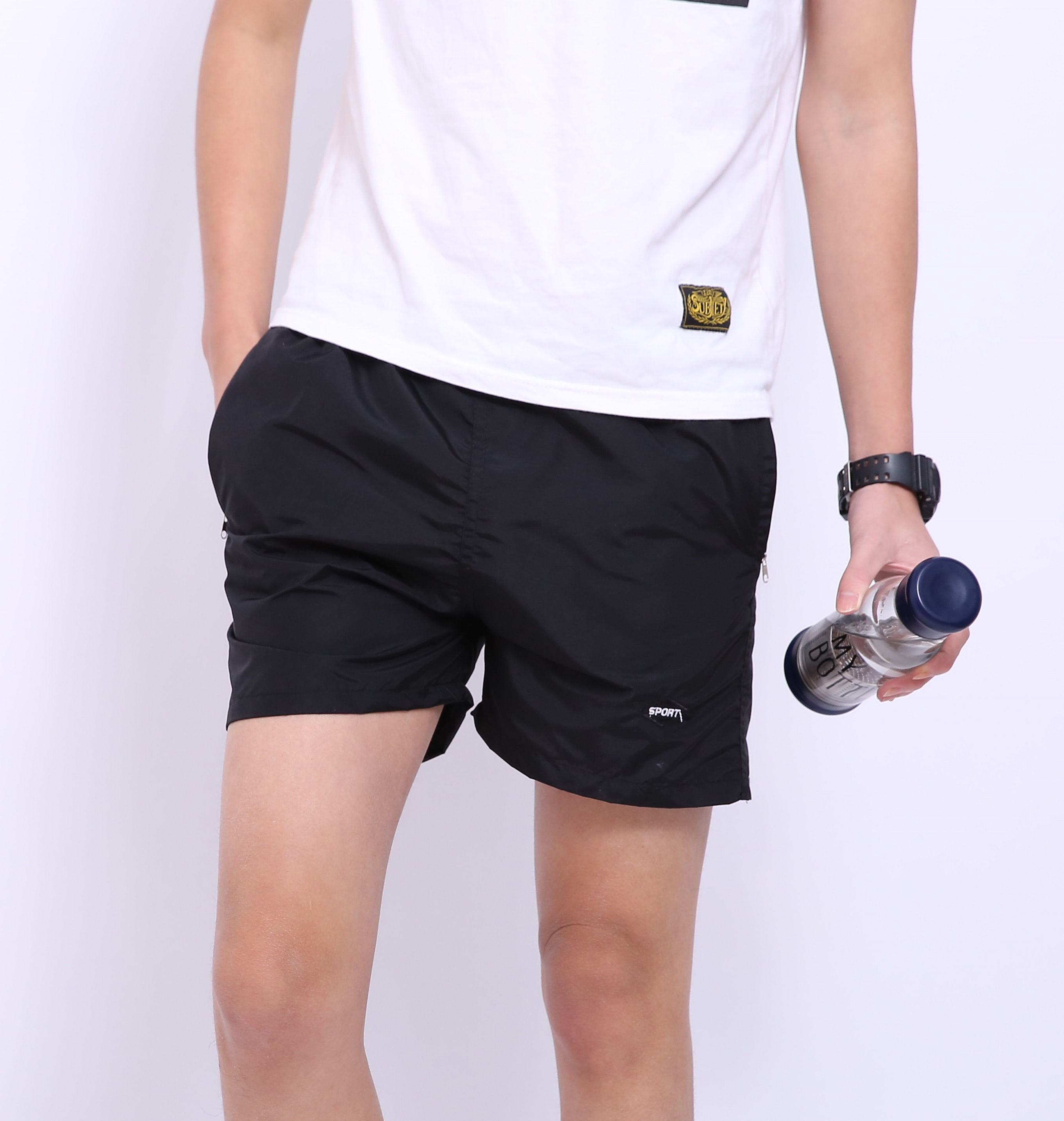 日系男士短裤宽松运动短裤速干松紧带三分裤修身沙滩裤纯色大裤衩黑色