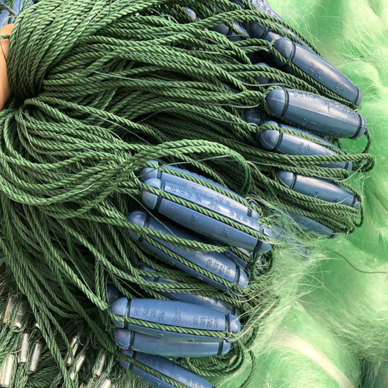 塑料浮漂串孔坠加重绿丝三层渔网沉网捕鱼网18米到6米高塑料浮串孔坠