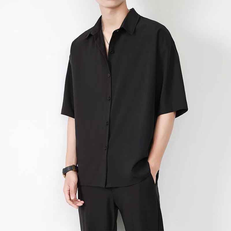 友声短袖黑色衬衫男士夏季薄款日系痞帅衬衣服高级感冰丝休闲半袖外套