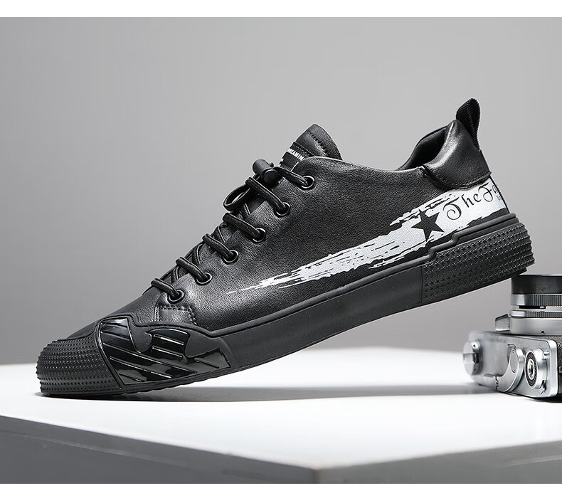 皮鞋男韩版真皮板鞋男士休闲鞋时尚百搭潮流运动鞋 黑色 牛皮男鞋 38