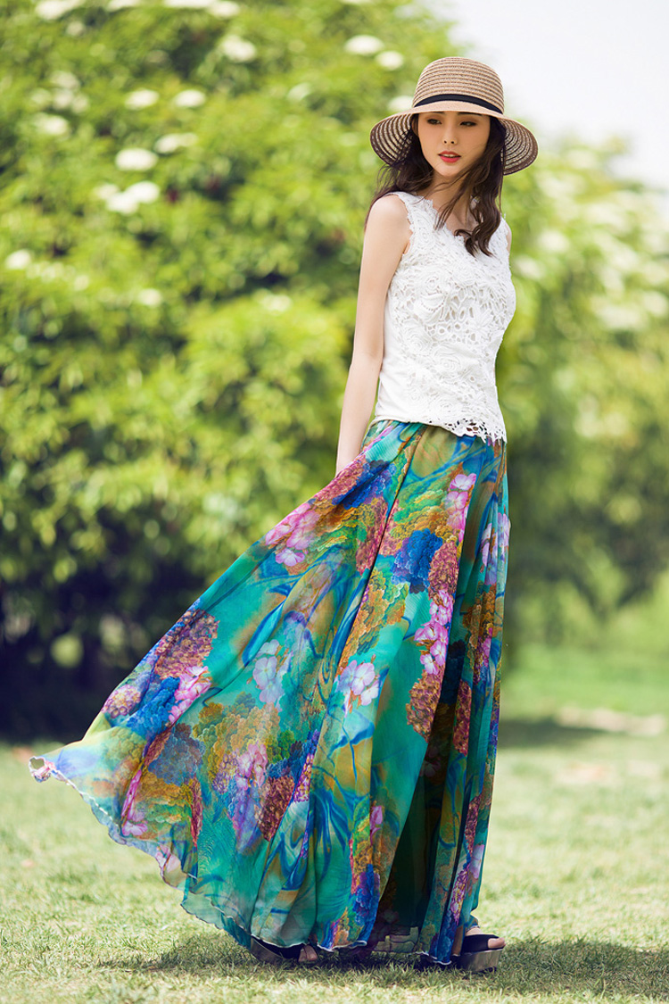 新款雪纺沙滩大摆半身长裙夏季复古拖地裙百褶裙舞裙纱裙女款半接大摆