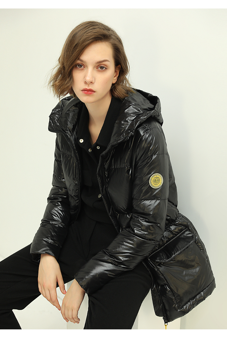 cocobella时尚亮面羽绒服女御寒保暖90白鸭绒连帽外套ct1088 黑色 xl