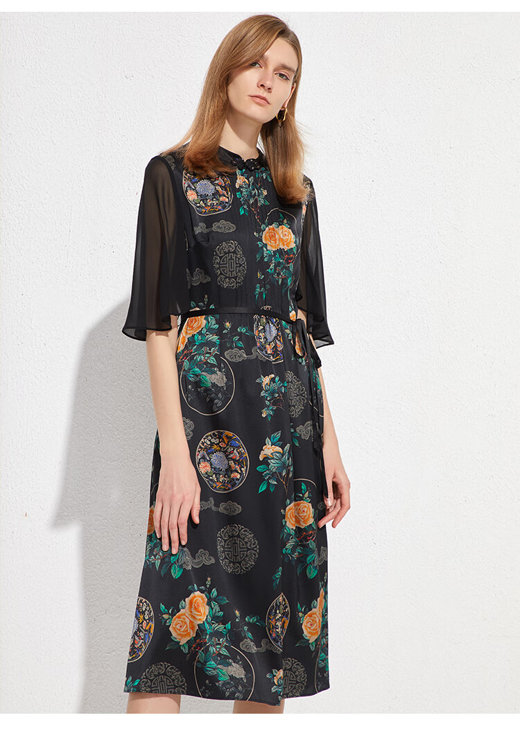 zb珍贝2020夏季新款印花桑蚕丝连衣裙通勤复古风真丝中长裙子s050