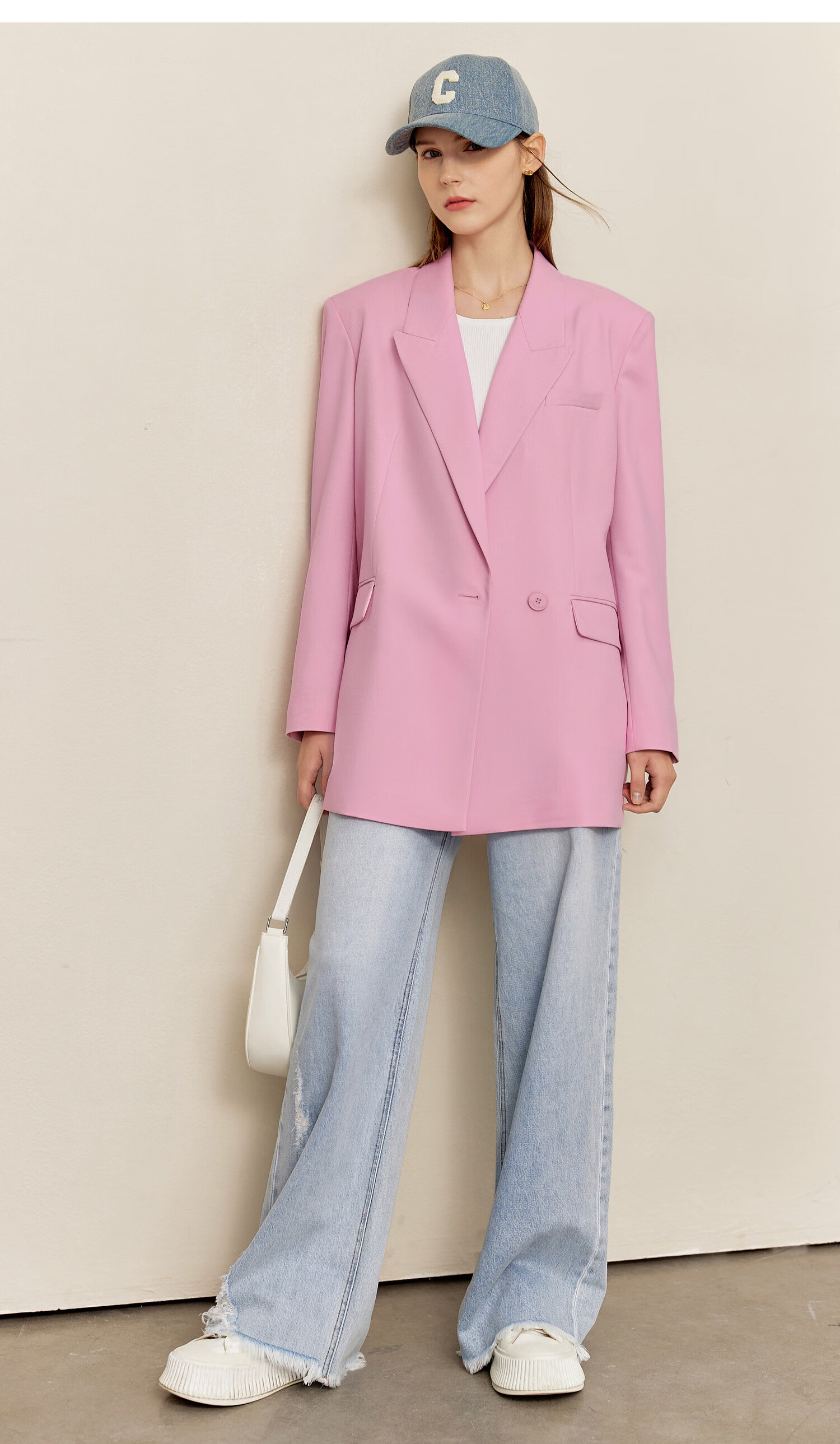 amii2022夏极简设计师推荐粉红色西装外套女中长宽松显瘦翻领上装粉红