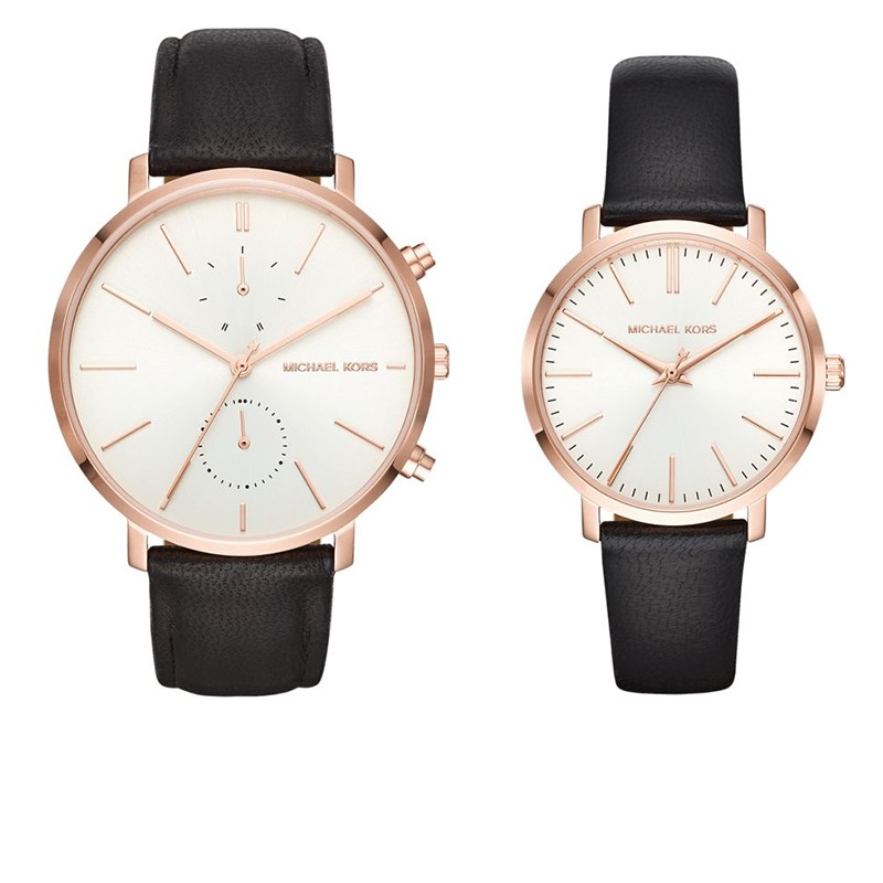 玫瑰金色配黑色皮带双表礼品套装 情侣手表对表节日礼物 情侣对表 mk