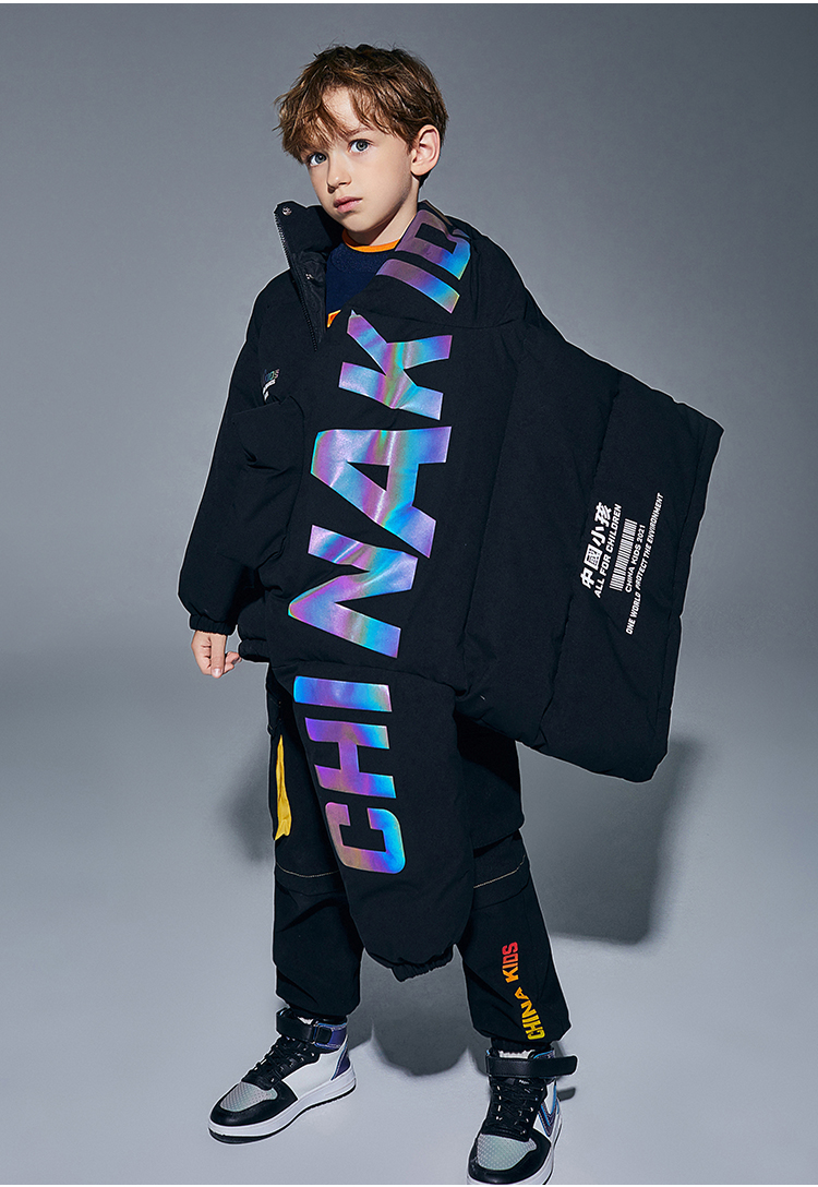 【太阳系列】minipeace太平鸟童装男童羽绒服中长款镭射反光外套 黑色