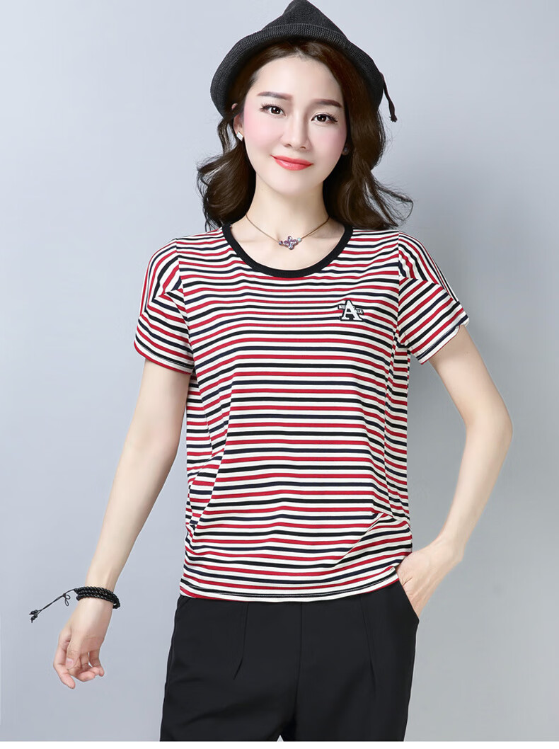 衣典零一 2020夏装新款夏季女装大码时尚百搭韩版休闲女士t恤衫条纹