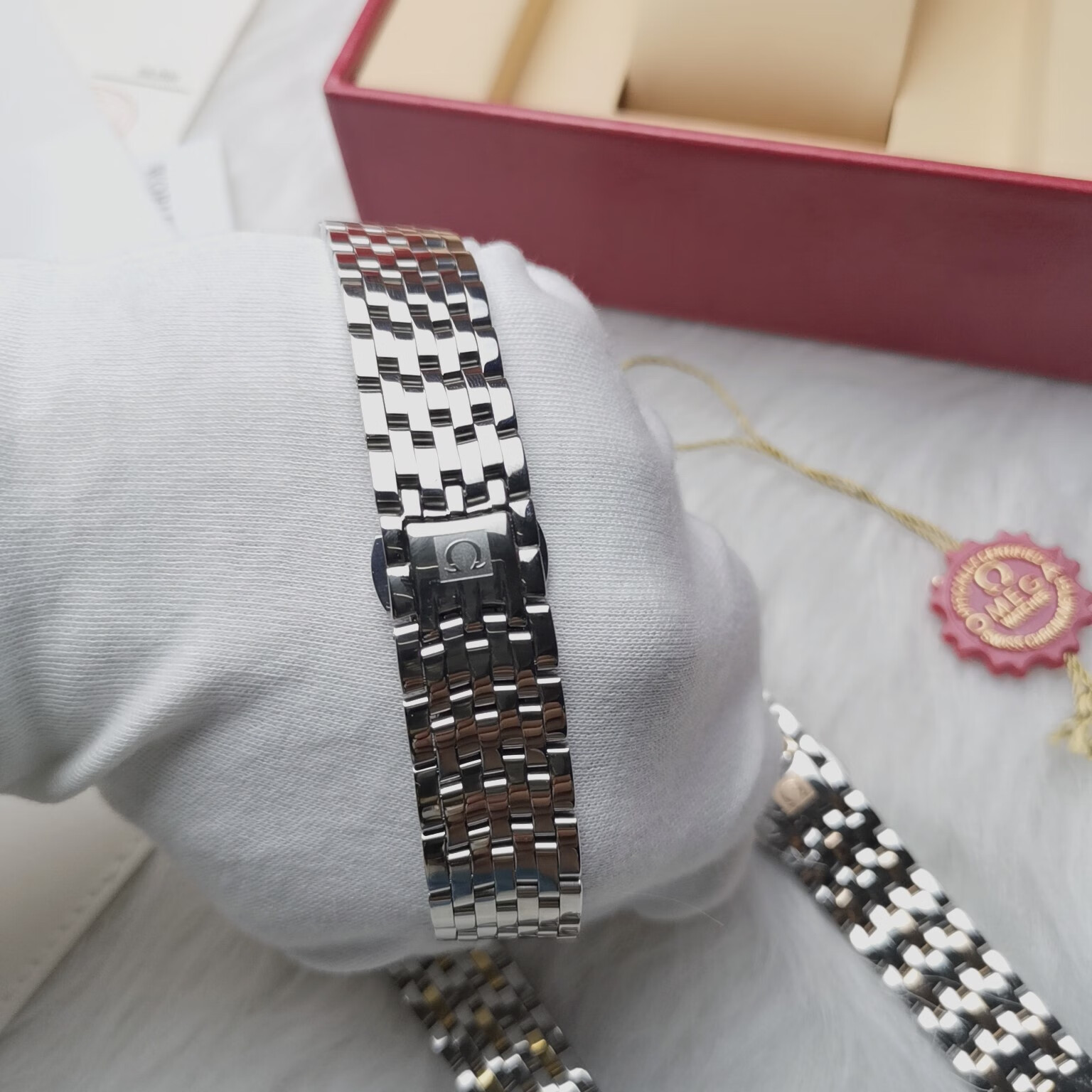 适用欧米茄蝶飞表带钢带男原装精钢碟飞424手表链女双按扣夏季新 原版