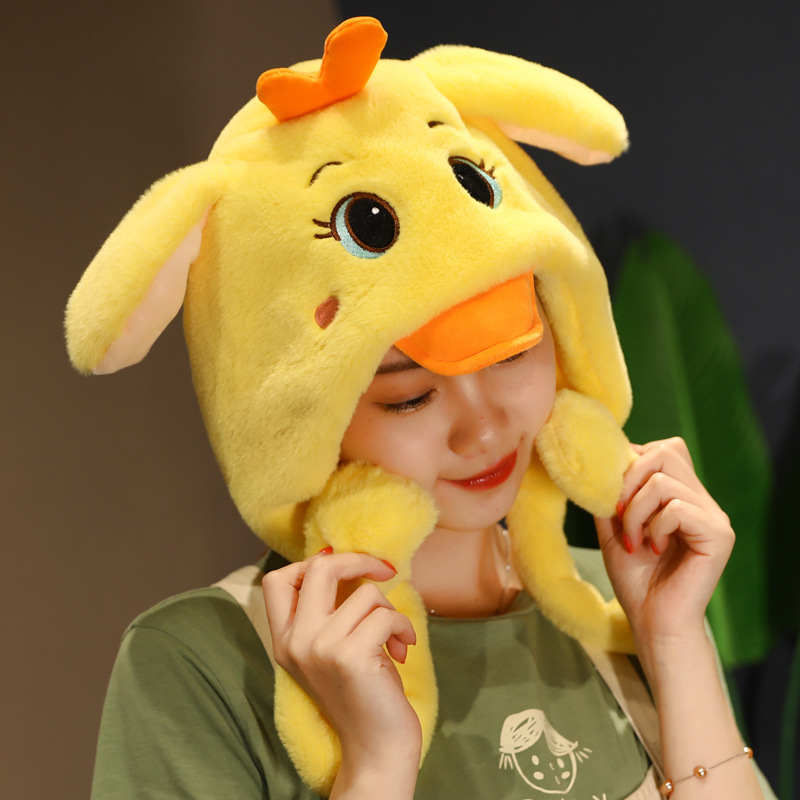 搞怪可爱小黄鸭恐龙毛绒帽子耳朵会动少女学生保暖加绒头套护耳帽绿色