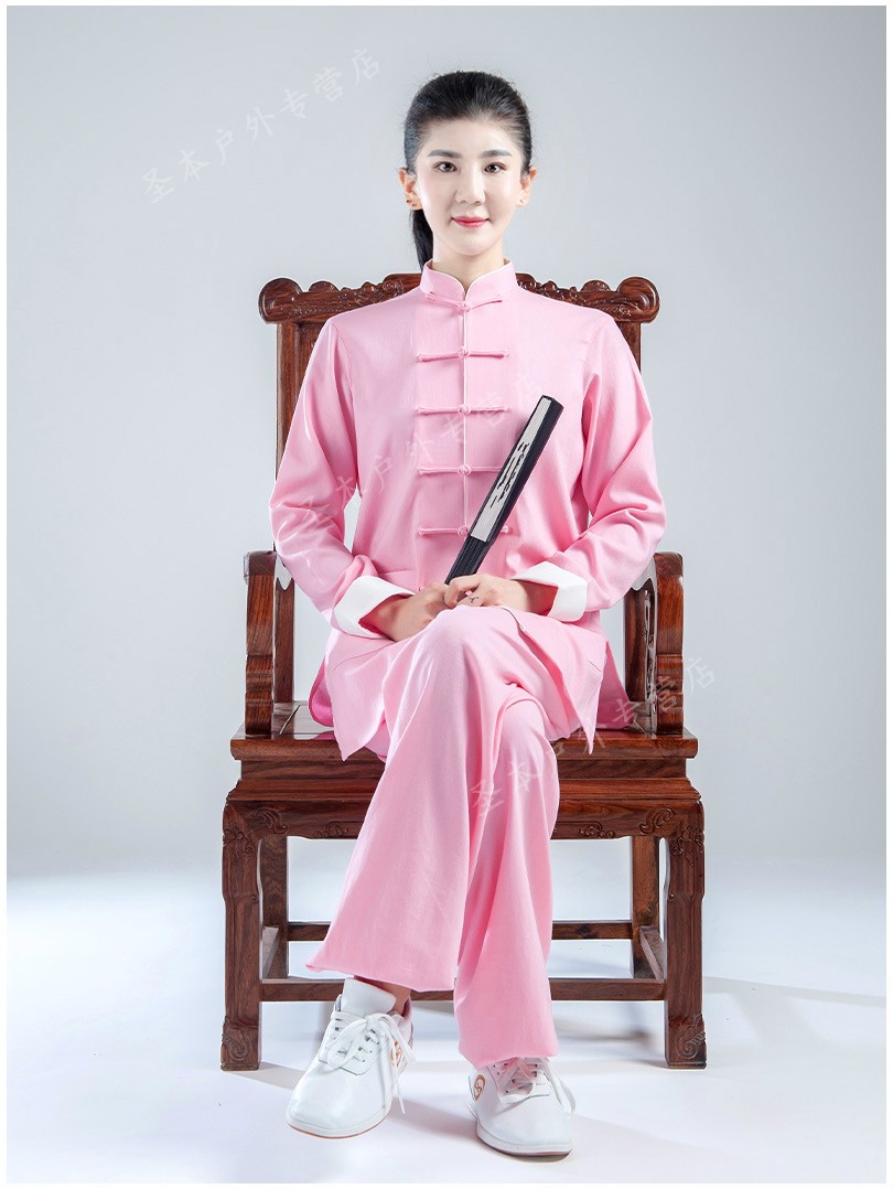 春夏秋季太极服女粉色棉麻中国风武术表演晨练功服太极拳服装sn8353