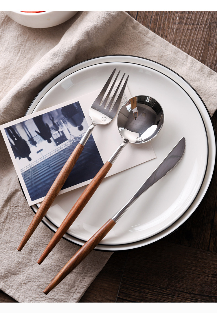 刀叉勺子套装 实木柄刀叉勺三件套不锈钢家用勺子叉子西餐牛排刀ins风