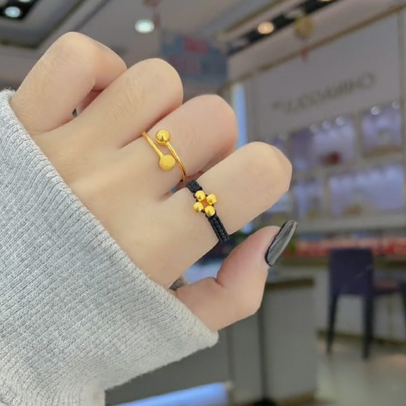 老凤凰黄金小金珠戒指足金999金豆豆编织幸运四叶草黑绳闺蜜指环送