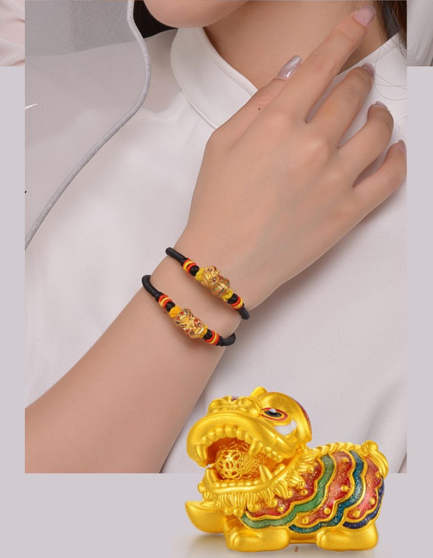 七夕情人节礼物恋柯开运黄金喜狮转运珠编绳手链足金999珐琅珠狮子手