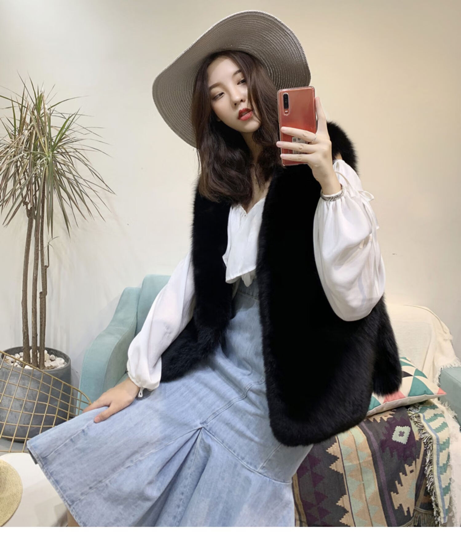 狐狸毛马甲女真皮中长款皮草马甲秋冬仿狐狸毛坎肩背心外穿毛毛外套