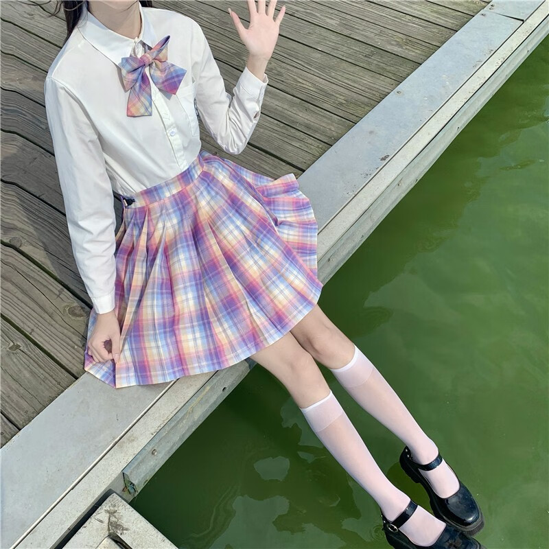 jk制服裙夏女格裙百褶裙半身裙制服表演服 荷叶粉(裙子 衬衫 领结) xs