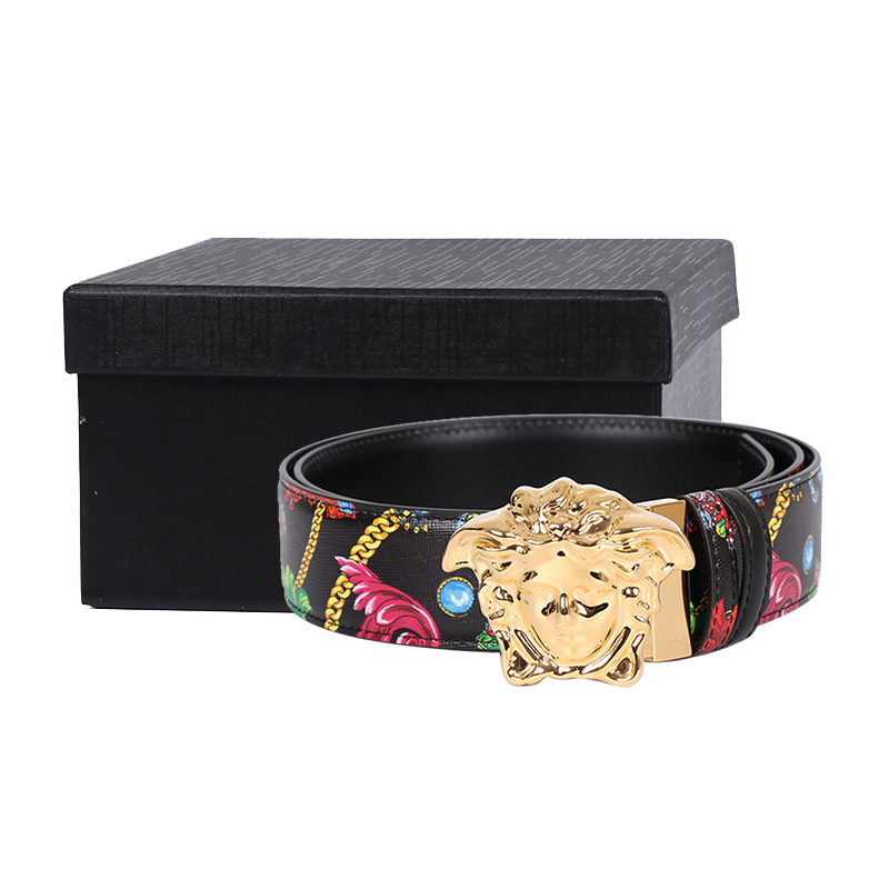 versace范思哲腰带男士黑色皮革印花金色美杜莎板扣皮带腰带礼盒送