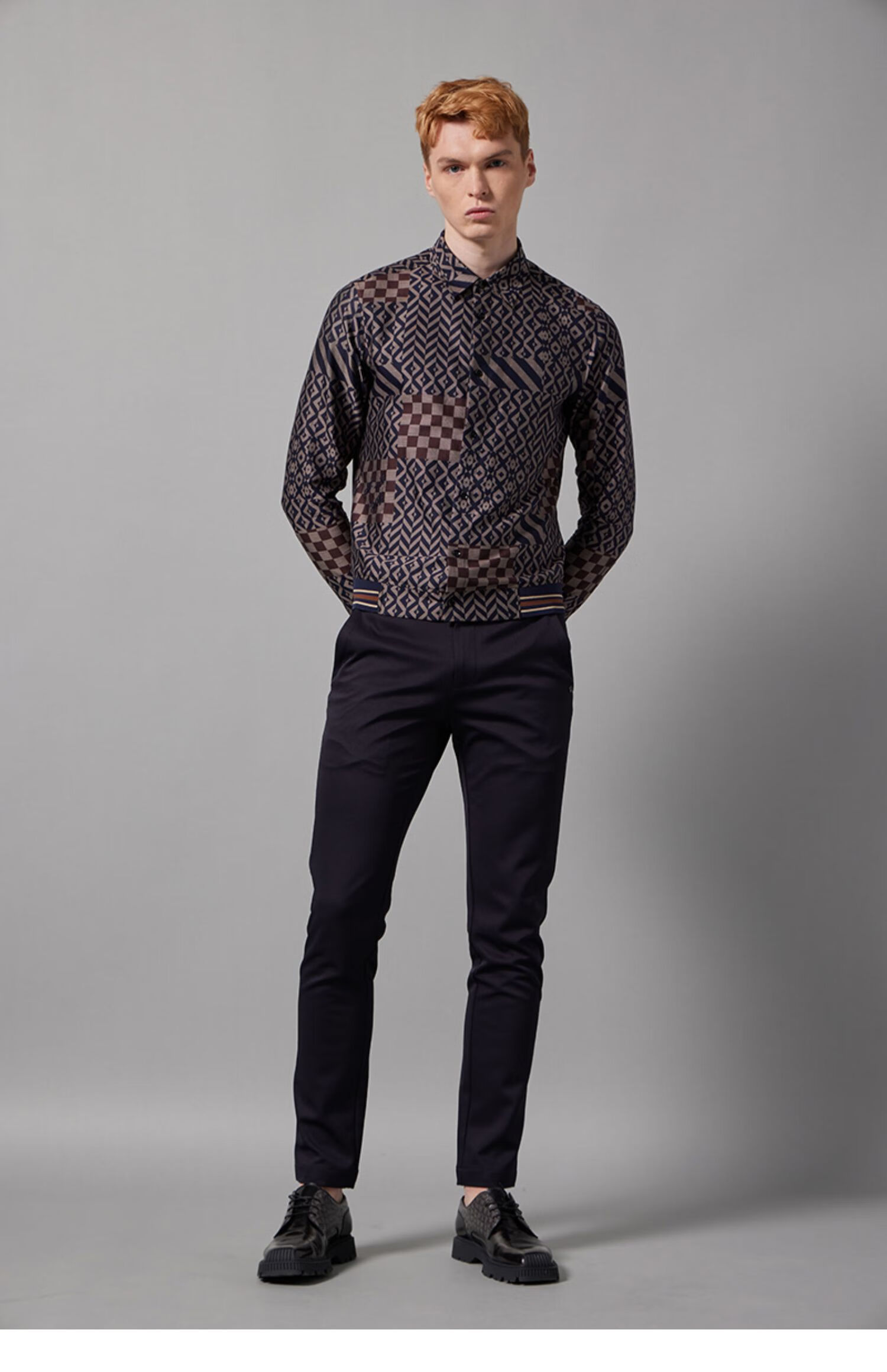 意大利rare威雅奢侈品 男装男士休闲衬衣复古几何提花长袖衬衫花色