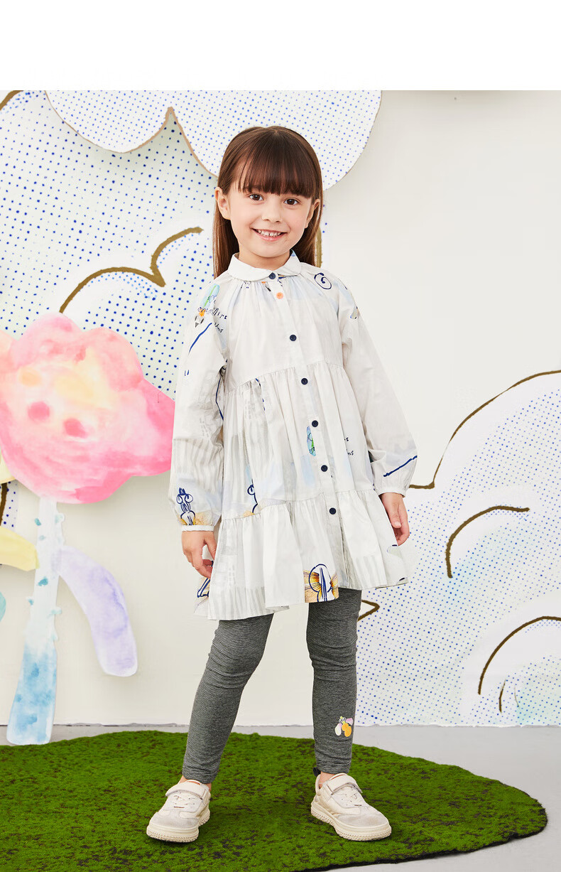 马拉丁童装女大童连衣裙春装2020年新款娃娃领可爱图案连衣裙 花白色