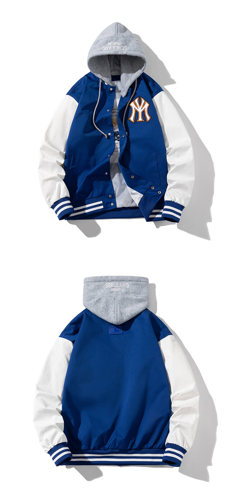 基队棒球服男秋季潮牌ny刺绣休闲夹克情侣加厚外套 2221薄款无帽蓝色