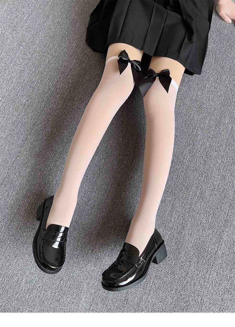 夏季小女孩蝴蝶结丝袜女童薄款黑丝袜女学生小腿袜白丝过膝袜jk袜适合