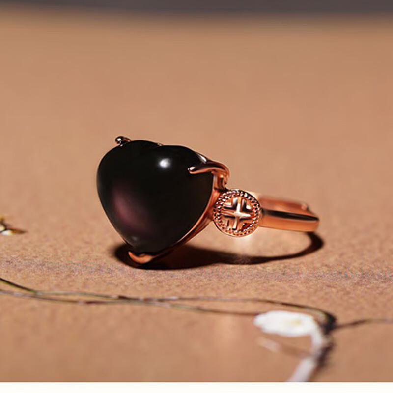 臻莱天然黑曜石心形戒指925银镶嵌戒指活口男女转运情侣戒指饰品925银