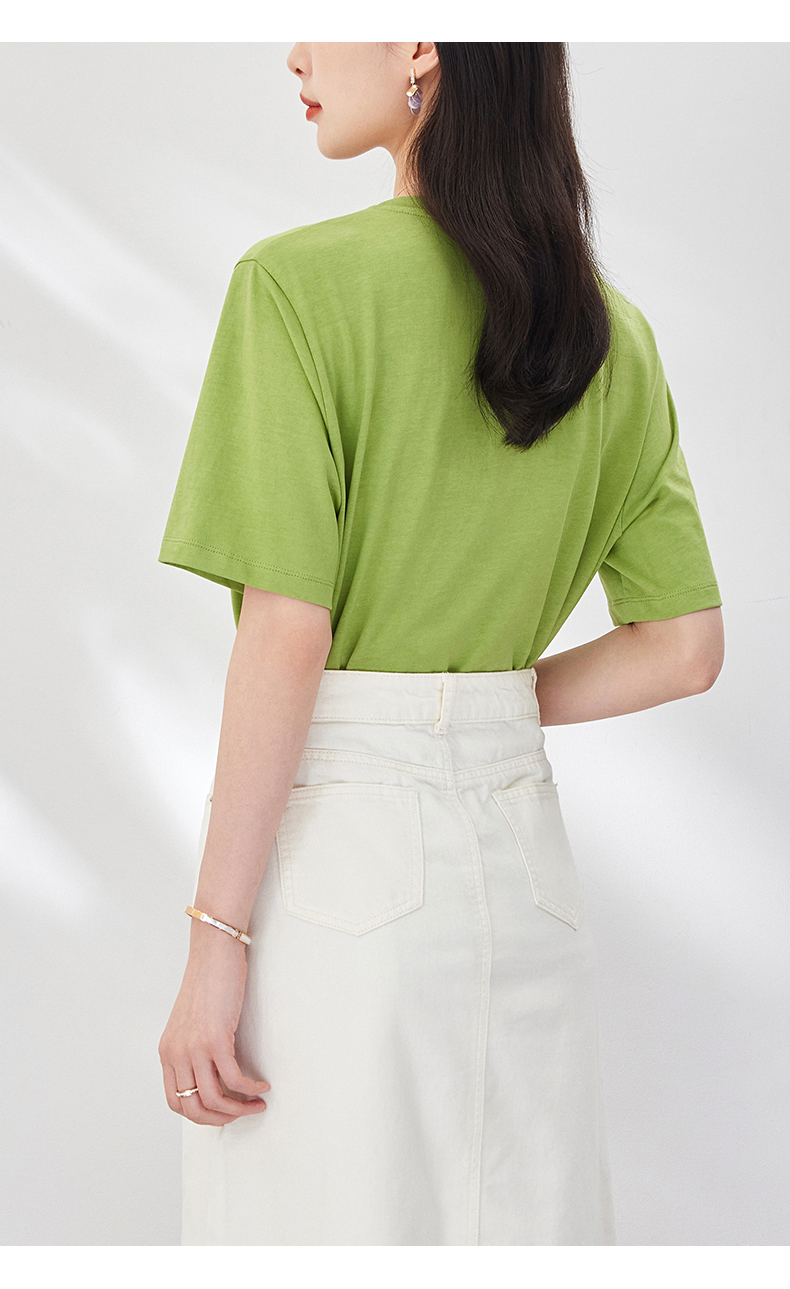 夏季新品osa欧莎牛油果绿t恤女2022年新款夏装百搭半袖体恤衣服正肩