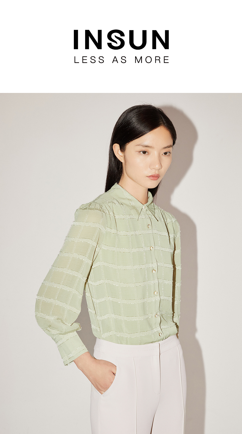 恩裳蔻2021秋季新款简约气质减龄立体格纹通勤ol职业衬衫上衣女草木绿