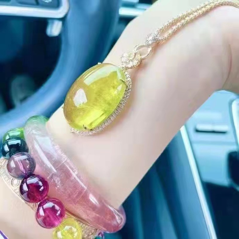 寻然珠宝传世稀缺柠檬黄金丝雀黄碧玺大蛋面吊坠18k金设计款招财旺夫