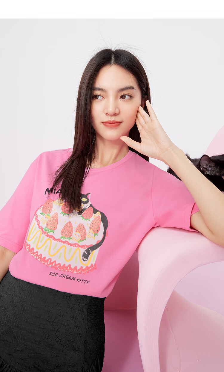 伊芙丽设计感t恤女2022年夏季新款猫猫体恤粉色女士上衣甜美短袖t樱桃
