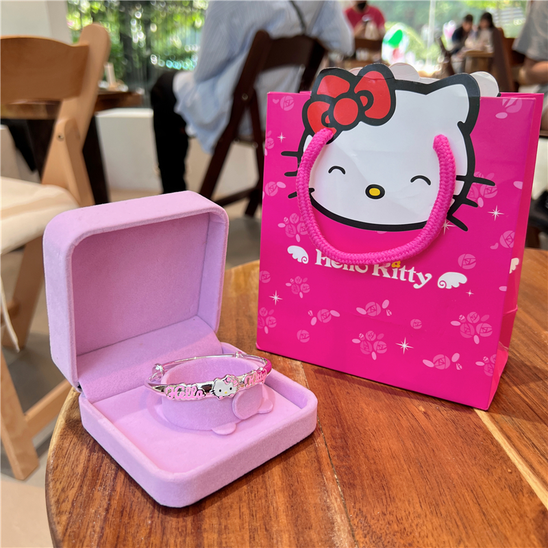 女童实心推拉凯蒂猫宝宝银手环甜美可爱银饰圣诞礼物大人款粉色包装