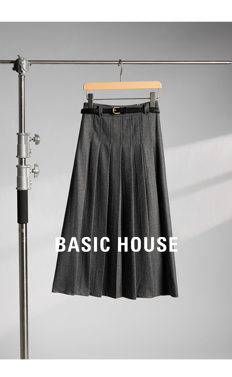 BASIC HOUSE/百家好绵羊毛半身深灰色腰带显瘦冬季灰色西装百褶裙2024冬季显瘦a字半身裙 深灰色 M（有腰带）详情图片1