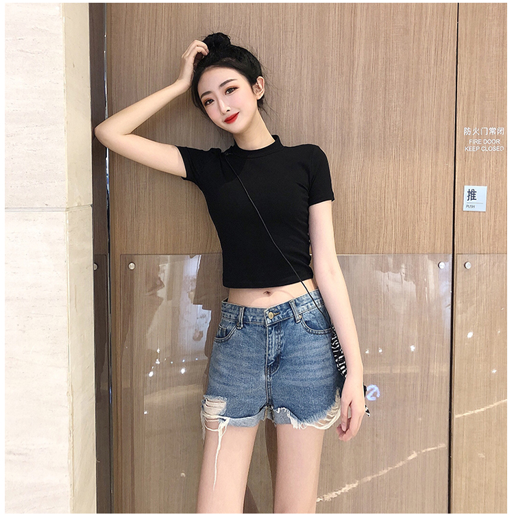 露肚脐紧身t恤短袖女2020新款超火洋气修身漏肚挤高腰减龄少女露脐