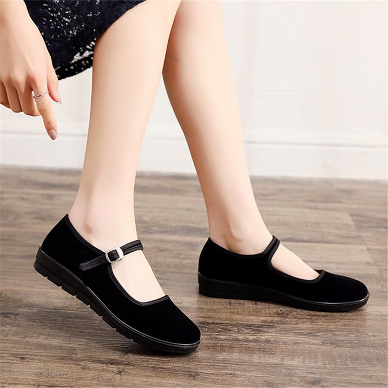 防滑酒店黑色工作一字扣带服务员饭店宾馆礼仪舞蹈单老北京布鞋黑色40