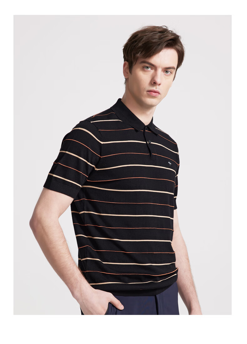 fynchhatton德国树短袖针织条纹t恤polo领无忧搭上衣商务休闲黑色m175