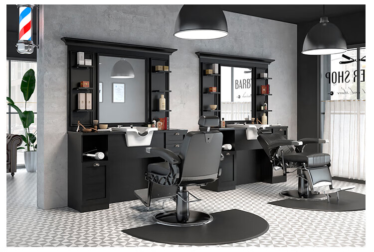 高端理发馆美发店复古镜台带陶瓷盆镜子男士油头馆barber专用镜台