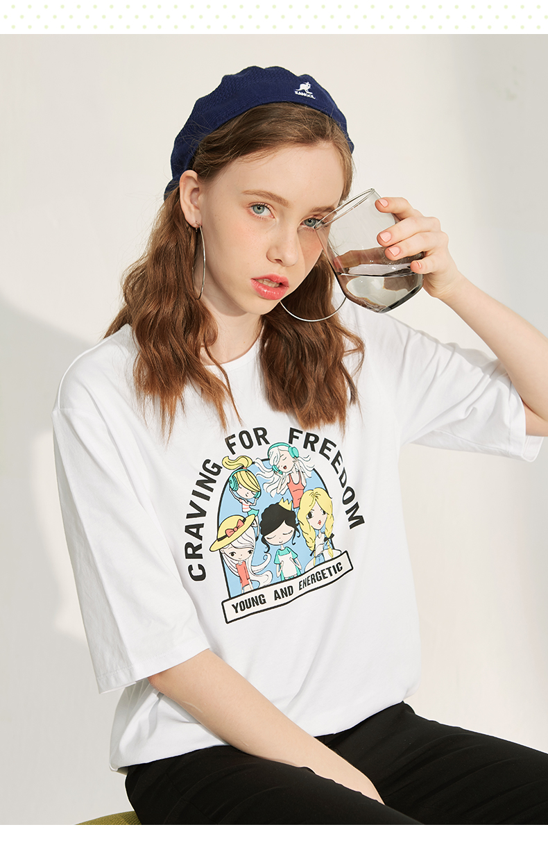 以纯线上品牌a21春夏新款2020女装 趣味印花女上衣圆领落肩中袖t恤衫