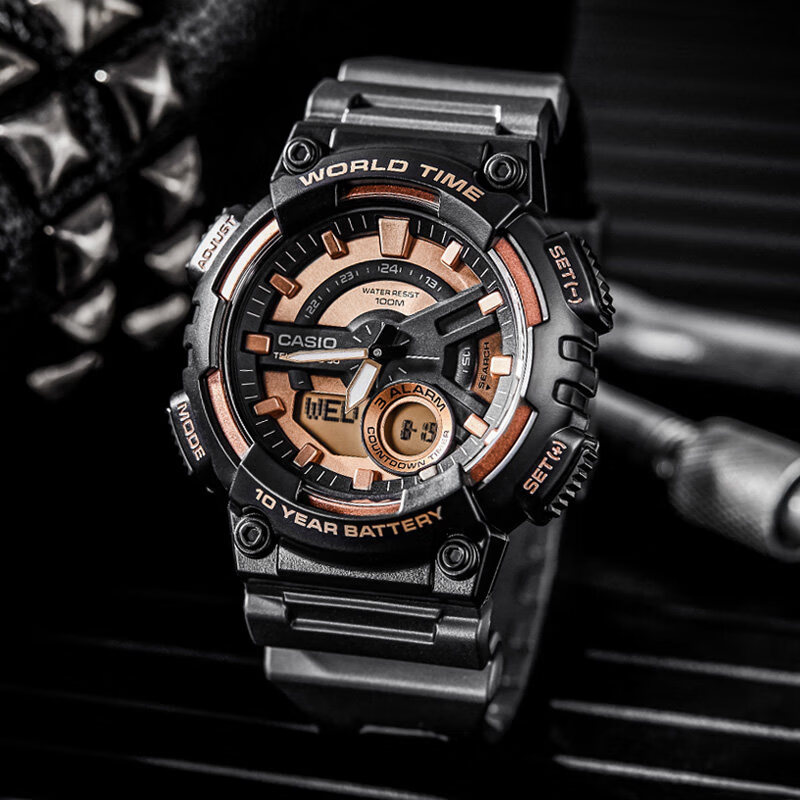 卡西欧 海外代购手表男潮流黑金黑武士运动电子学生男士表aeq-110专柜
